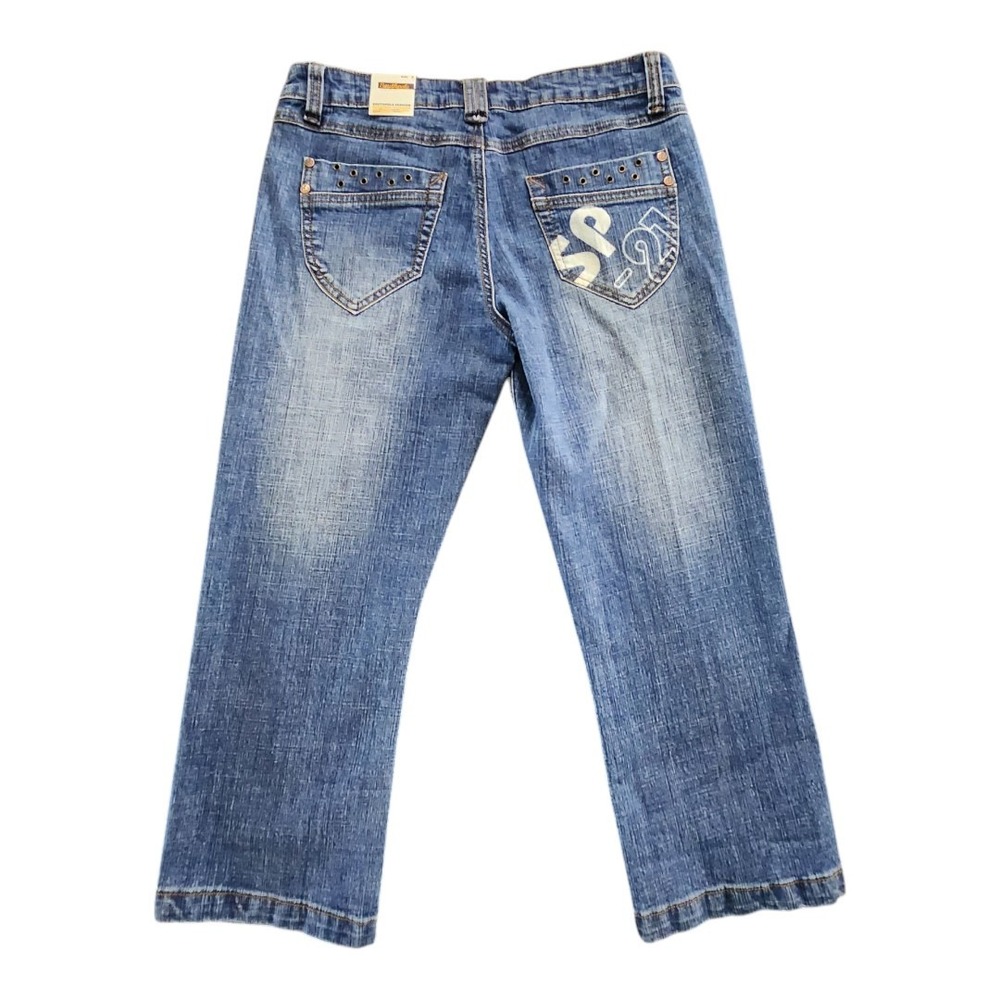 NWT Southpole Womens Crop Jeans Size 7 Low Rise Studded Dark Wash Embroidery Y2K